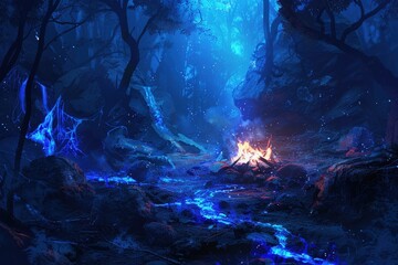 Wall Mural - Rock cave in a mystical forest with bonfire and blue fog, fantasy concept.