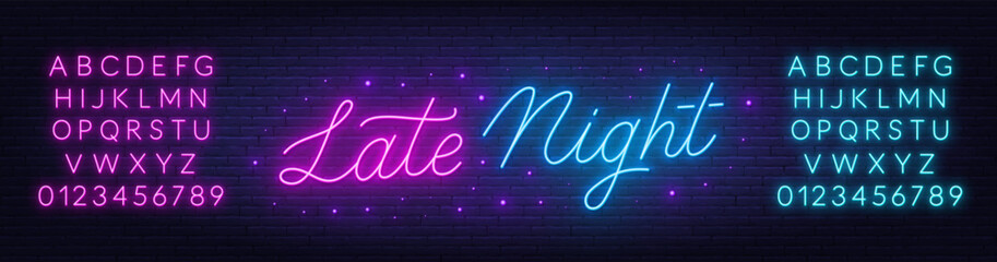 Poster - Late Night Neon Sign on brick wall background.