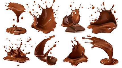 Wall Mural - A collection of realistic illustrations of melted chocolate cream with splashes isolated on a white background, suitable for showcasing delicious food products. Generative AI.