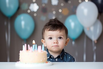 Wall Mural - Cute little boy celebrating his first birthday with cake and balloons. Birthday Concept with Copy Space. 