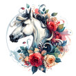 Horse. A white horse in flowers. Horse head. Portrait. Watercolor. Isolated illustration on a white background. Banner. Close-up