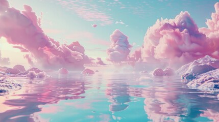 Wall Mural - Pink clouds reflecting in the calm waters under a pink sky on a serene evening