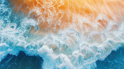 Wall Mural - Summer seascape beautiful waves, blue sea water in sunny day. Top view from drone. Relax sea aerial view amazing tropical nature background. Tranquil bright sea waves splashing beach sand sunset light