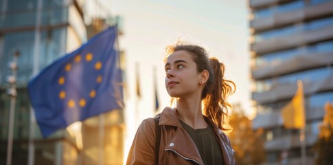 Poster - Young woman holds European flag in her hands