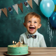 Wall Mural - Cute little boy celebrating his first birthday at home with cake and balloons. Birthday Concept with Copy Space. 