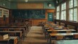 Empty traditional classroom with rows of wooden desks facing an expansive blackboard, evoking a sense of nostalgia