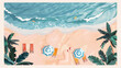 Summer Holiday Poster beach sand Ocean parasols sun loungers palm, tree sun. Getaway vacation industry.