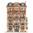 Detailed facade of a European town house around 1900. Watercolor Art. Created with AI.