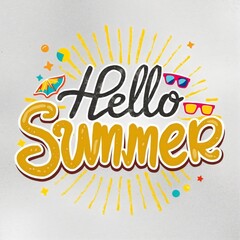 Sticker - Fun 'Hello summer' lettering in the middle, with a playful cartoon illustration of sunburst, sunglasses, stars, dots, and a cool grunge grey backdrop, summer sale poster, holiday