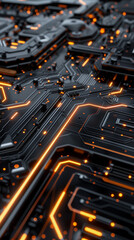 Poster - modern technology wallpaper with black stripes and glowing circuit lines, computer motherboard digital cyber tech background 