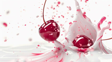 Cherry falling in milk splash isolated on white background. Generative Ai.
