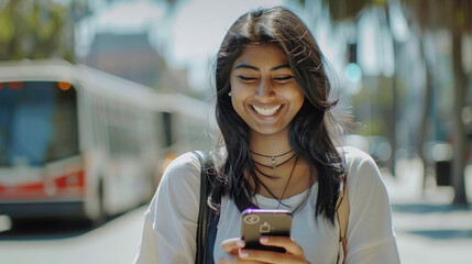 Excited South Asian woman smiling while using a smartphone, showcasing the joy of technology and connection.