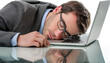 Extreme close-up of an overworked office worker wearing glasses asleep on a laptop keyboard, on a glossy white desk with reflections. Isolated on white background. Generative Ai.