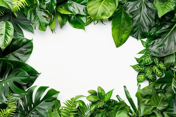 Wall Mural - tropical jungle border frame with lush green leaves on white background copy space