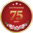 75th Anniversary Celebration. Background design with creative numbers and floral pattern in round golden frame. Vector illustration