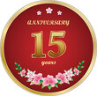 15th Anniversary Celebration. Background design with creative numbers and floral pattern in round golden frame. Vector illustration