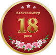 18th Anniversary Celebration. Background design with creative numbers and floral pattern in round golden frame. Vector illustration