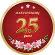 25th Anniversary Celebration. Background design with creative numbers and floral pattern in round golden frame. Vector illustration