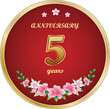 5th Anniversary Celebration. Background design with creative numbers and floral pattern in round golden frame. Vector illustration