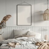 Fototapeta  - Empty frame mockup in student bedroom design, 3D render