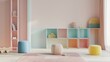 © Lucky_jl - A 3d rendering of a colorful and modern playroom for children. There are pastel pink, blue, and yellow accents throughout the room. The room is furnished with a variety of colorful furniture, includin