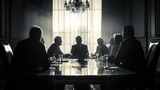 Fototapeta Uliczki - A shadowy group of men in suits sit around a conference table.