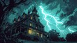 A large haunted house with lightning in the background