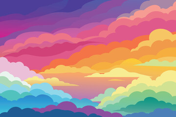 Wall Mural - Colorful watercolor background of abstract sunset sky with puffy clouds in bright rainbow colors of pink green blue yellow and purple vector