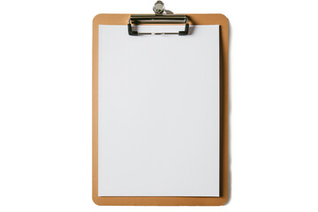 A blank white paper on a brown clipboard against a plain transparent background.