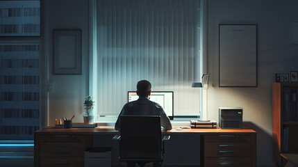 back view businessman using computer while working overtime in the office room.