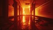 Creepy perspective of a flame-lit high school hallway, the fire casting long, sinister shadows, evoking a chilling, abandoned feel