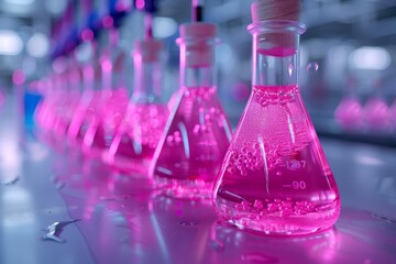 Poster - A vivid depiction of science lab flasks filled with liquid and emitting a radiant pink neon glow signifying research and discovery