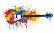 a colorful guitar with a splash of paint on it's body and neck, with a white background