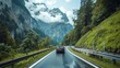 Picturesque swiss countryside drive  car journey amidst majestic mountains and fluffy clouds