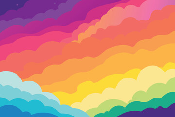 Wall Mural - Colorful watercolor background of abstract sunset sky with puffy clouds in bright rainbow colors of pink green blue yellow and purple vector