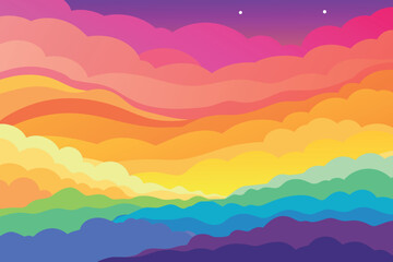 Wall Mural - Colorful watercolor background of abstract sunset sky with puffy clouds in bright rainbow colors of pink green blue yellow and purple vector