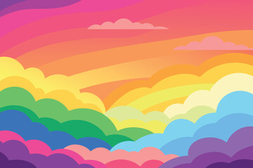 Wall Mural - Colorful watercolor background of abstract sunset sky with puffy clouds in bright rainbow colors of pink green blue yellow and purple vector