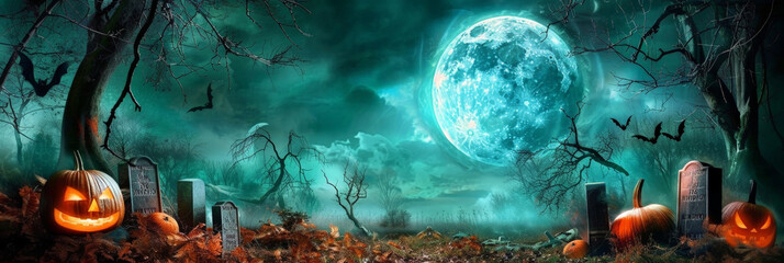 Wall Mural - Halloween night background with a full moon, tombstones and pumpkins in the woods on green background,Spooky Forest At Night.horror, green halloween banner