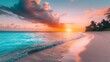 A mesmerizing sunset over a pristine sandy beach, with the sky painted in hues of orange, pink, and purple, casting a warm glow over the tranquil turquoise waters and palm-fringed shoreline,