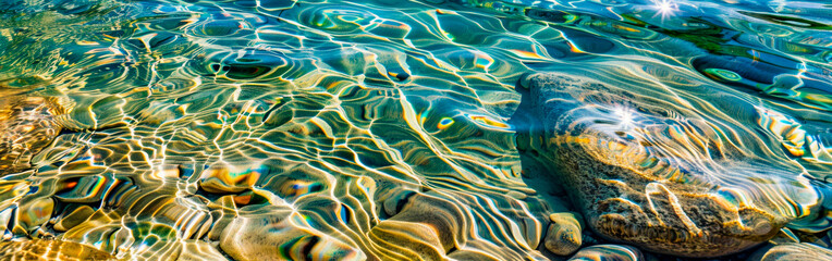 Wall Mural - A closeup of a serene body of crisp azure water with various rocks scattered throughout. The fluid landscape creates a peaceful habitat for aquatic organisms