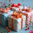 Four beautifully wrapped presents with orange and pink ribbons on a blue background.