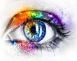 A close up of a woman's eye with bright and colorful eye makeup.