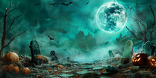Halloween Night Background With A Full Moon, Tombstones And Pumpkins In The Woods On Green Background,Spooky Forest At Night.horror, Green Halloween Banner