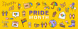 Gay pride month rainbow color decoration element set, celebrate diversity with LGBTQ symbols, isolated vector design in yellow banner background