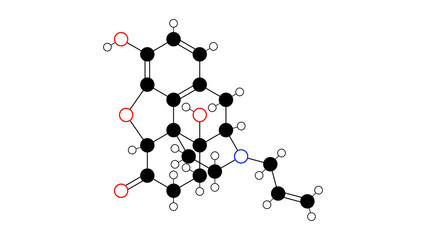 Wall Mural - naloxone molecule, structural chemical formula, ball-and-stick model, isolated image opioid antagonist