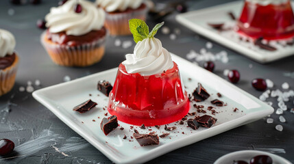 Red jelly dessert with whipped cream served on white plate and cupcakes with chocolate mousse in cup. Square red jelly plate on table at restaurant for buffet. Sweet food. Jelly agar