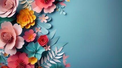 Wall Mural - Blossoming Paper Art Flowers on Turquoise Background