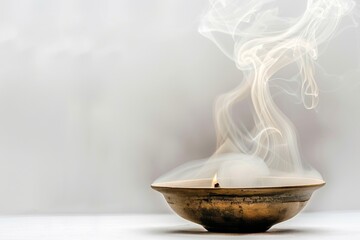 Burning incense releasing fragrant smoke against a soft transparent white background, ideal for spiritual and mystical themes