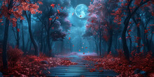 Empty Wooden Table On Halloween Red And Blue Spooky Forest Background With Moon, Trees, Fallen Leaves, Dark Fantasy,
