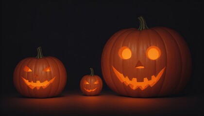 Wall Mural - Three pumpkins with glowing eyes and mouths are arranged in row